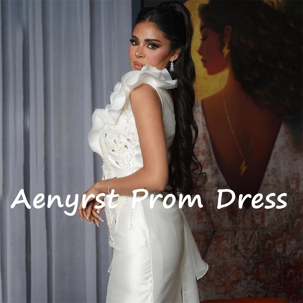 Aenyrst Elegant One Shoulder Ruffles Saudi Evening Dresses Mermaid Satin Sequined Prom Dress Ankle Length Formal Party Gowns