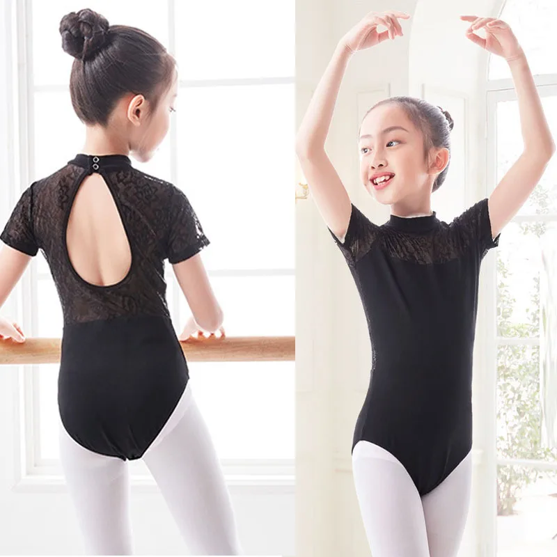 Preto de renda curto ballet ginástica collant meninas ballet vestido dança crianças dança vestir patinação vestidos para meninas bodysuit