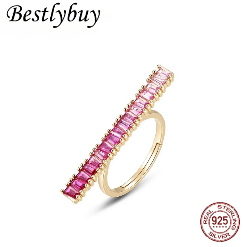 

Позолоченное из стерлингового серебра 925 пробы, модное однолинейное кольцо с розовым корундом, женское оригинальное дизайнерское простое и роскошное ювелирное изделие