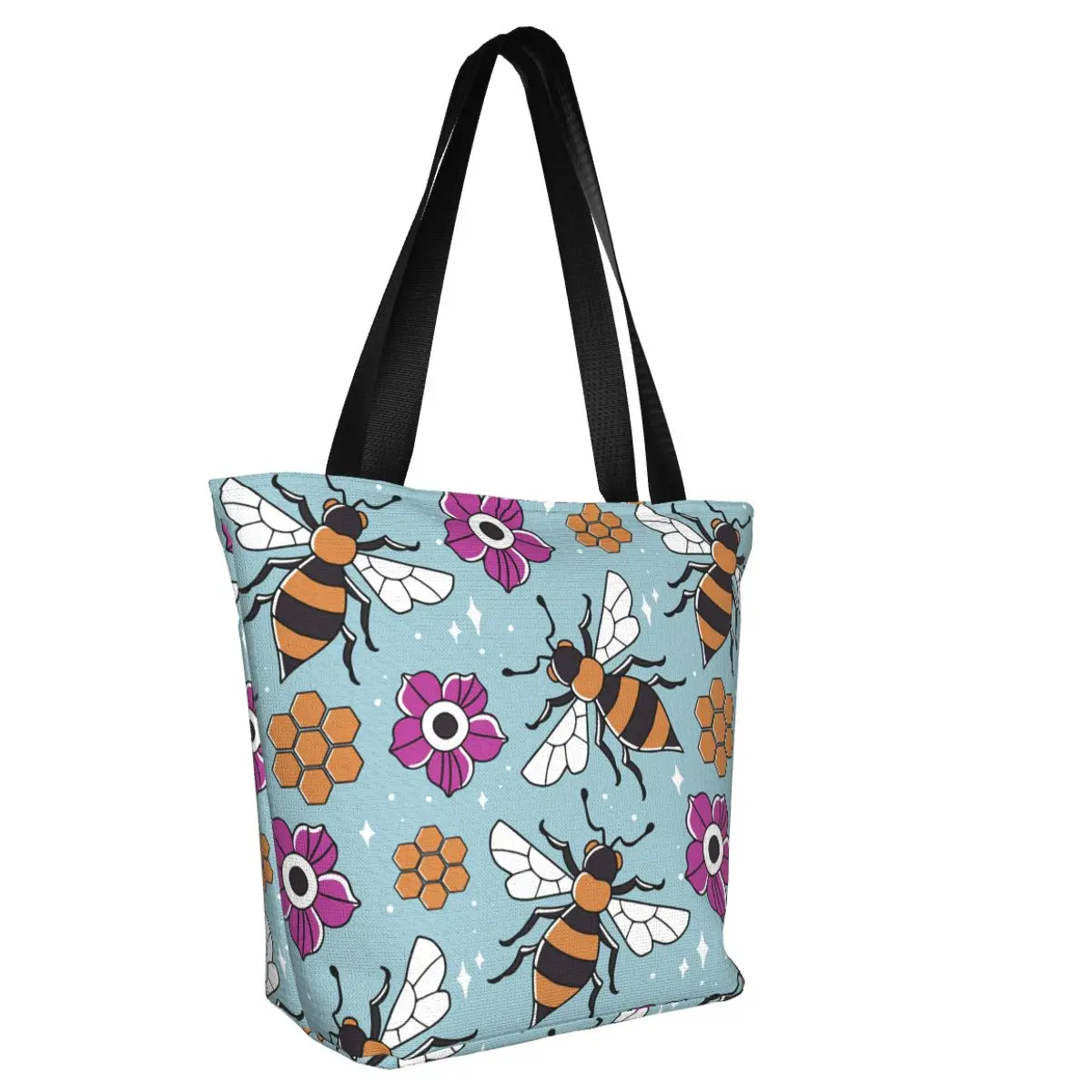Custom Honeycomb Honey Bee Pattern Groceries Shopping Bag Cute Canvas Shopper Tote Shoulder Bags Large Capacity Portable Handbag