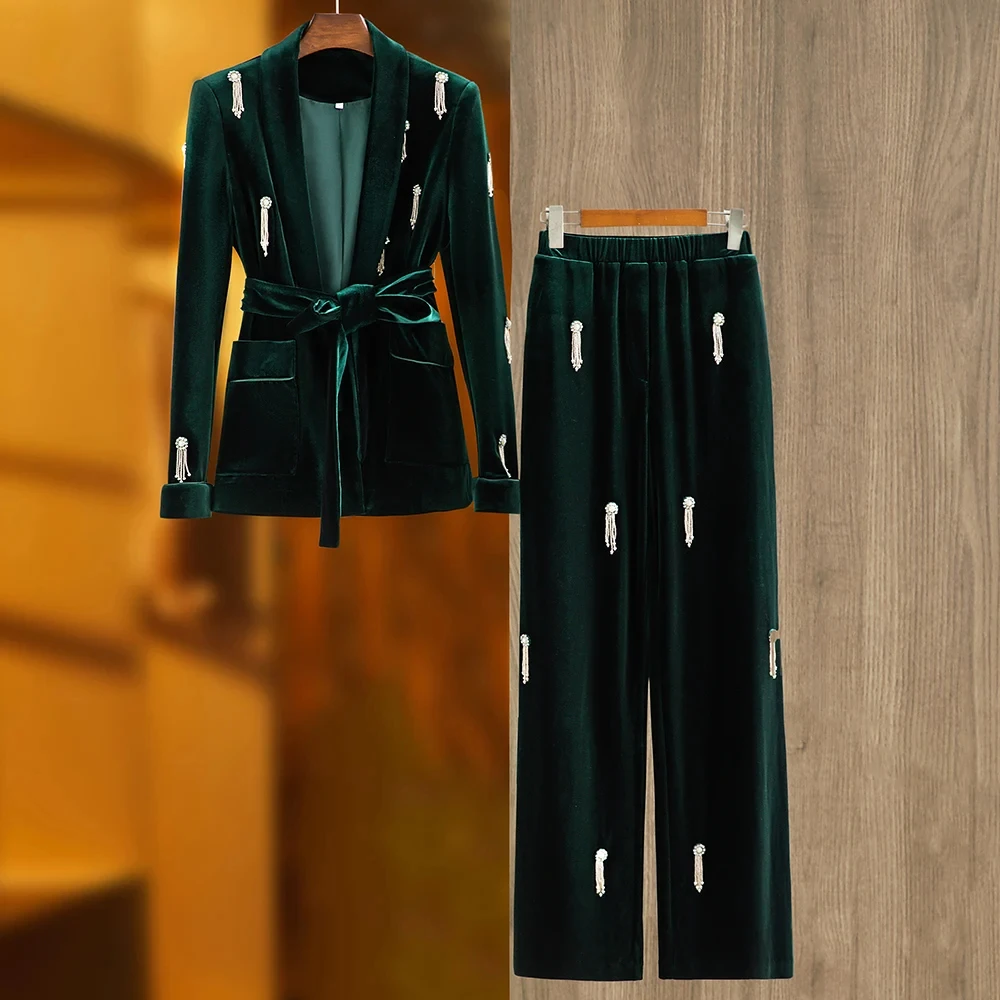 Spring Autumn High Street Women Dark Green Velvet 2Pcs Pants Suits Beautiful Stones Chains Luxury Blazer Sets