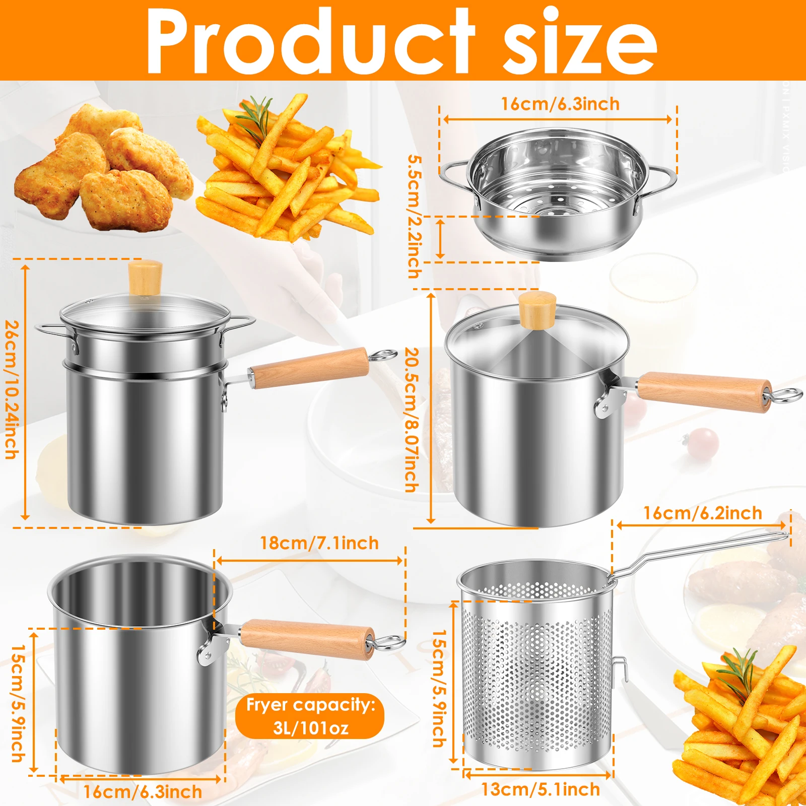 3L Stainless Steel Deep Skillet with Filter Basket Steamer Non-stick Tempura Deep Fryer Pan Kitchen French Fries Chicken Fry Pot