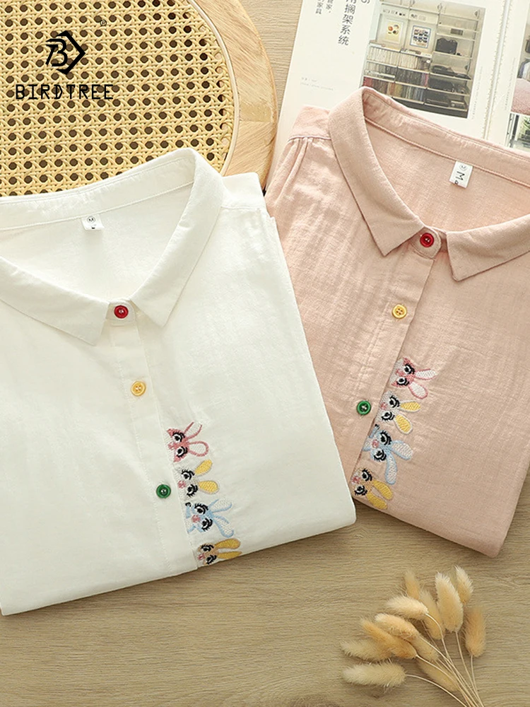 

New 2025 Summer Cotton Yarn Half Sleeve Shirt, Women Turn-down Collar Embroidery, Mori Girl Cute Versatile Loose Blouse T57378CC