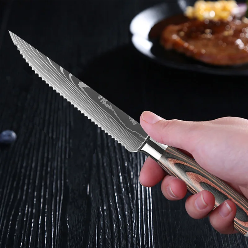 Damascus Steak Knife Set Meat Cleaver Stainless Steel Sharp Serrated Dinner Knives Beef Fruit Cutting Bread Knife Cooking Tools