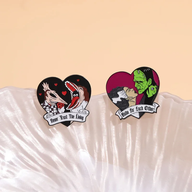 Lovers Ghost Bride Heart Brooch Enamel Pin Custom Horror Movies Characters Brooch Lapel Badge Punk Jewelry Gift for Loves Friend