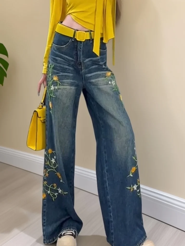 

Ele Embroidered Flower High Waist Wide Leg Jeans Casual Sle Spring Collection Loose Fit Floor Length Trousers for Women
