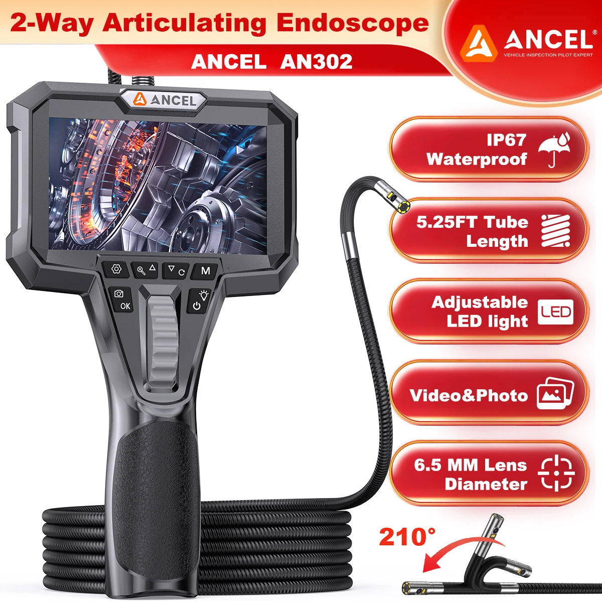 Caméra endoscopique industrielle à double objectif HD 720P ANCEL AN302 avec écran IPS de 4,3 pouces, boroscope étanche IP67 de 6,5 mm, câble semi-rigide de 1,6 m pour l'inspection automobile et la plomberie