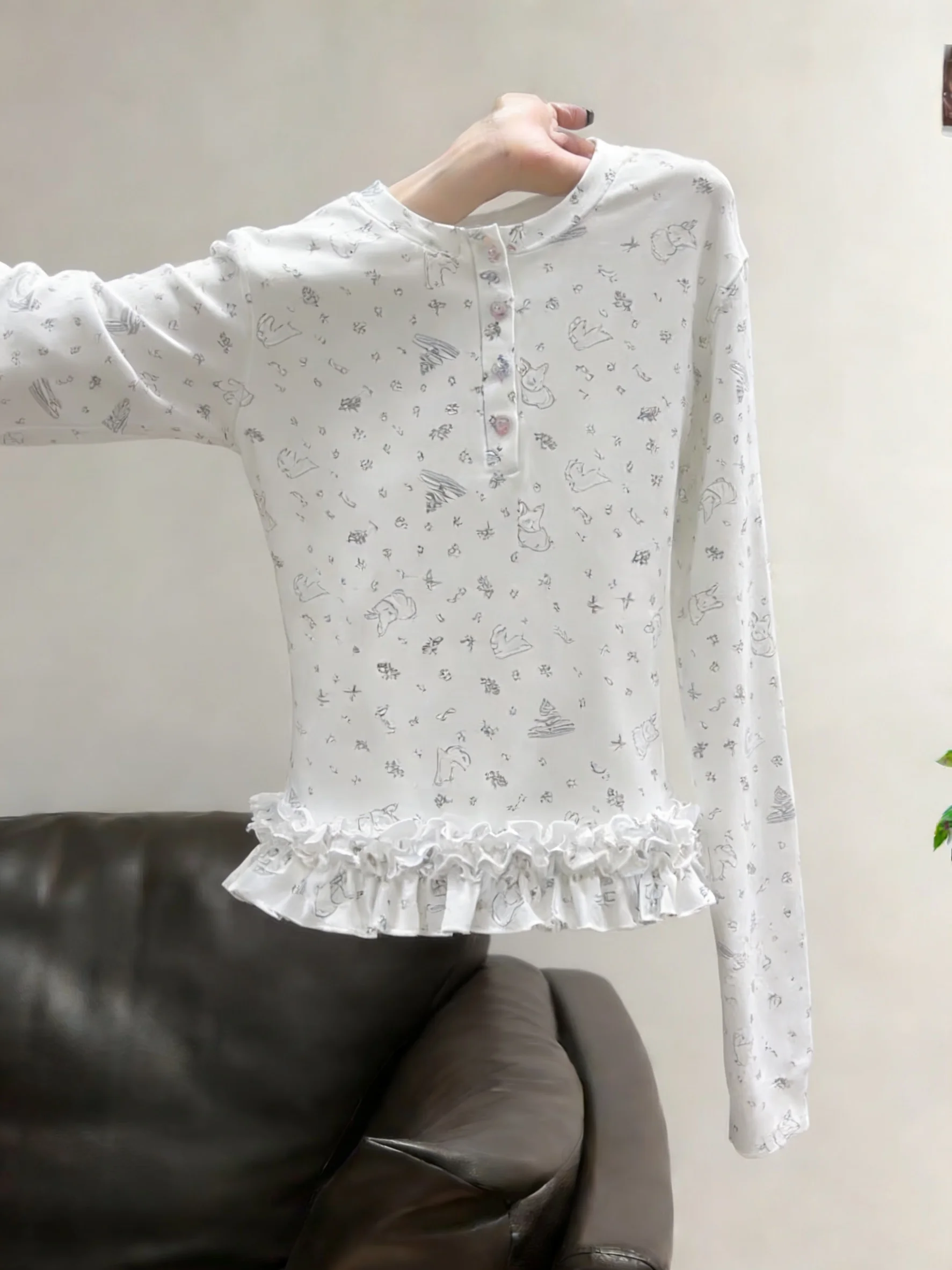 Korean Sle Anti-Aging Print Splicing Lace Hem Long Sve T-irt ex Spring Autumn Casual Versatile Boting Top