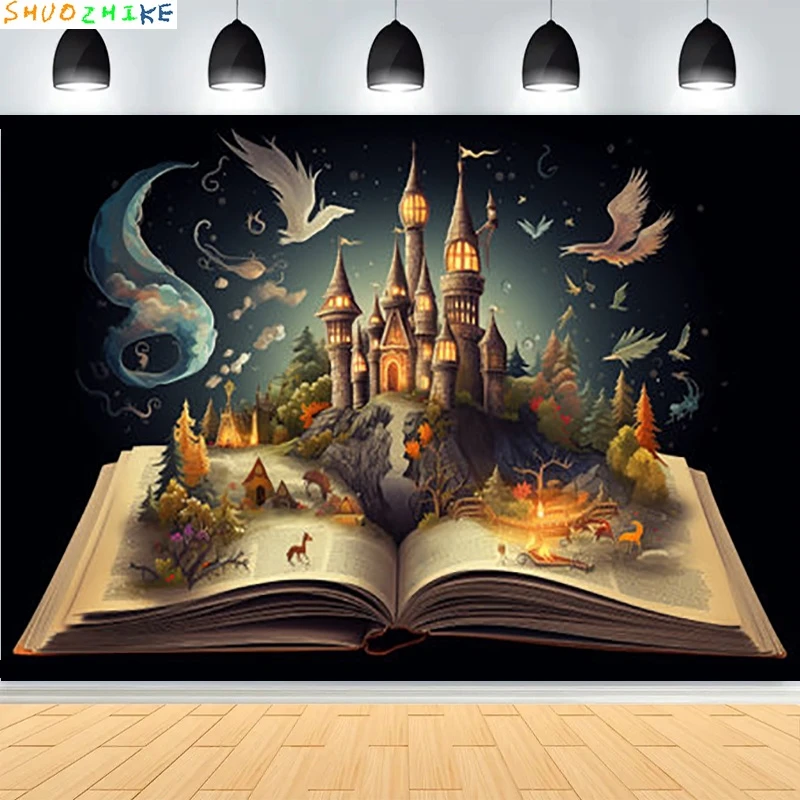 Fondo de fotografía de Castillo Medieval místico de cuento de hadas, accesorios de paisaje, bruja, libro mágico, mundo de fantasía, fondo de bosque MA09