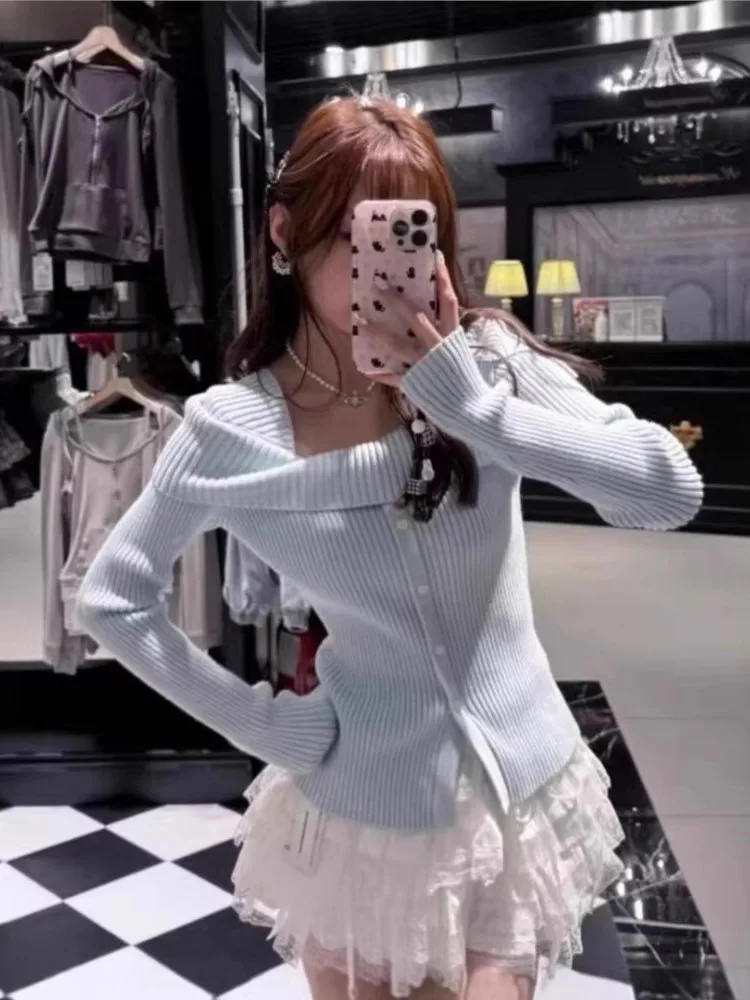 

Свитер в стиле балеткор с открытыми плечами, женский, синий, хлопковый, с вырезом-лодочкой, оборками по низу, на пуговицах, вязаный, милый, в стиле преппи, для образа OOTD