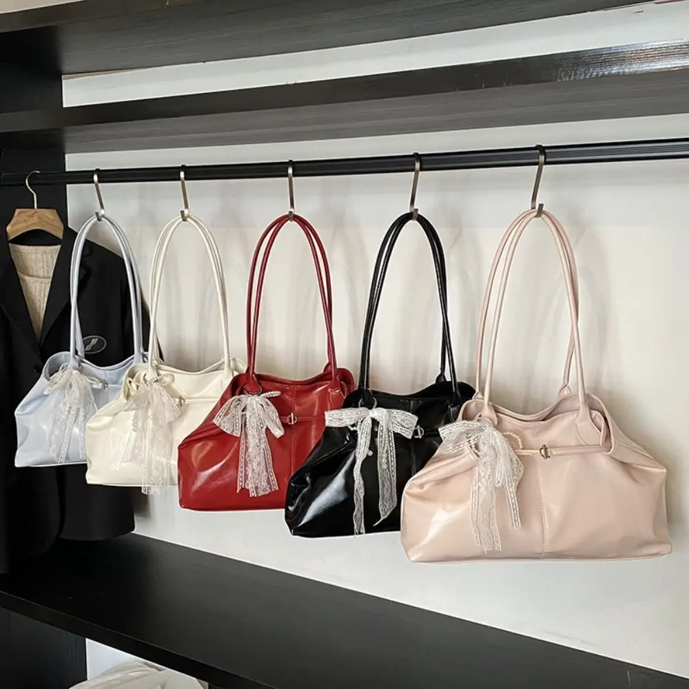 

New PU Leather Shoulder Bag Solid Color Large Capacity Tote Bag Portable Bowknot Handbag for Women