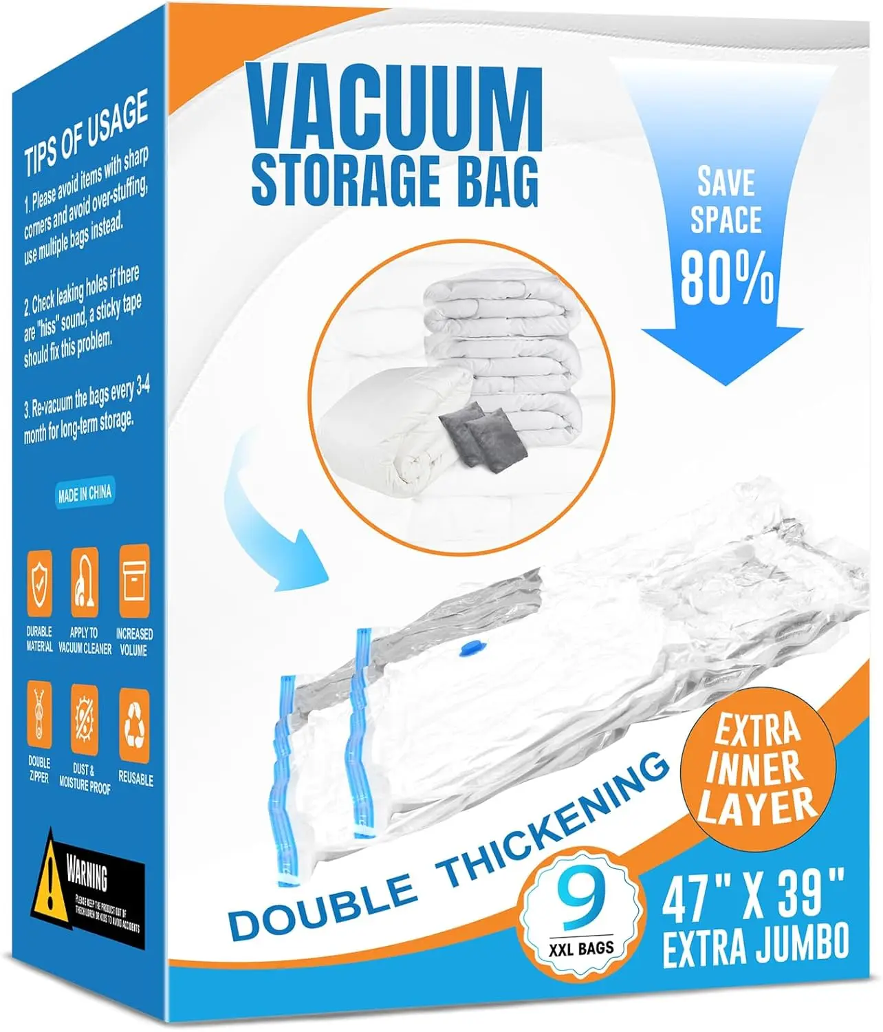 

9-Pack XXL Vacuum Storage Bags, Double-Layer Leak-Proof Design, Space Saver for Bedding & Blankets (47.2x39.4 in)