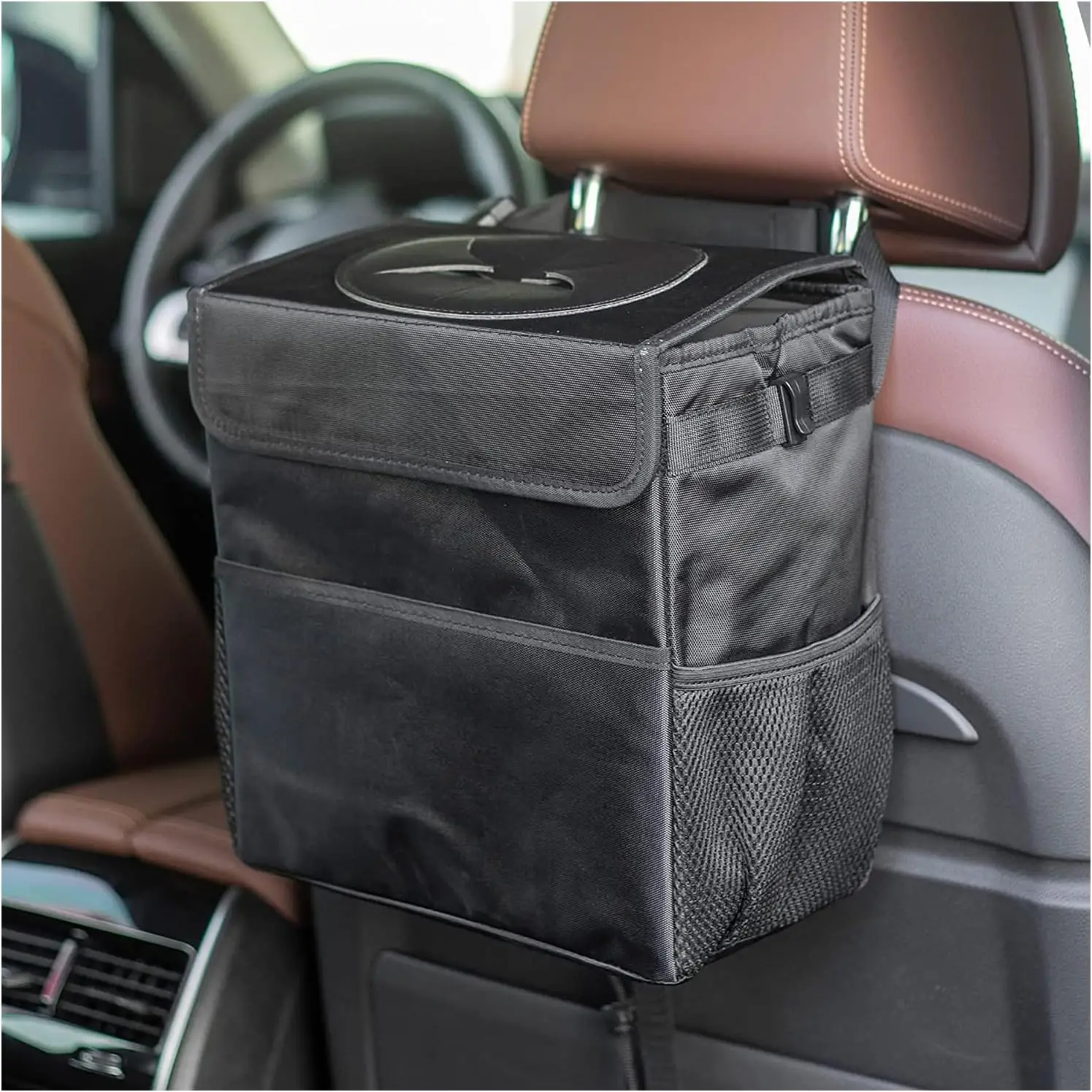 

Multipurpose Car Garbage Bin Leak Proof Waterproof Dustbin with Lid Storage Pockets Organizer for Vehicle SUV
