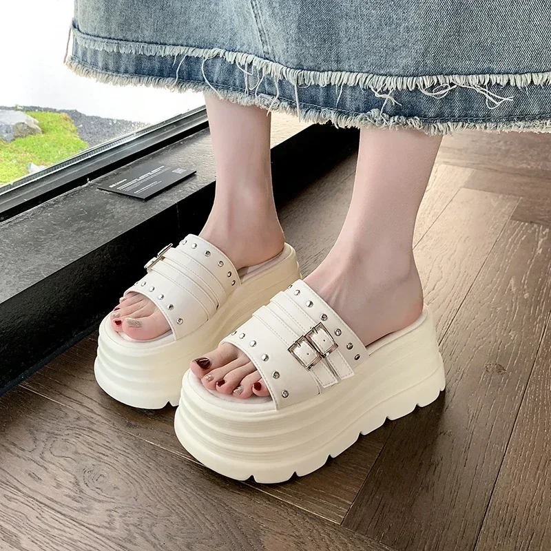 

8CM Women's Chunky Slippers Summer High Platform Wedges Punk Shoes Woman Buckle Beach Flip Flops Thick Bottom Sandalias Mujer