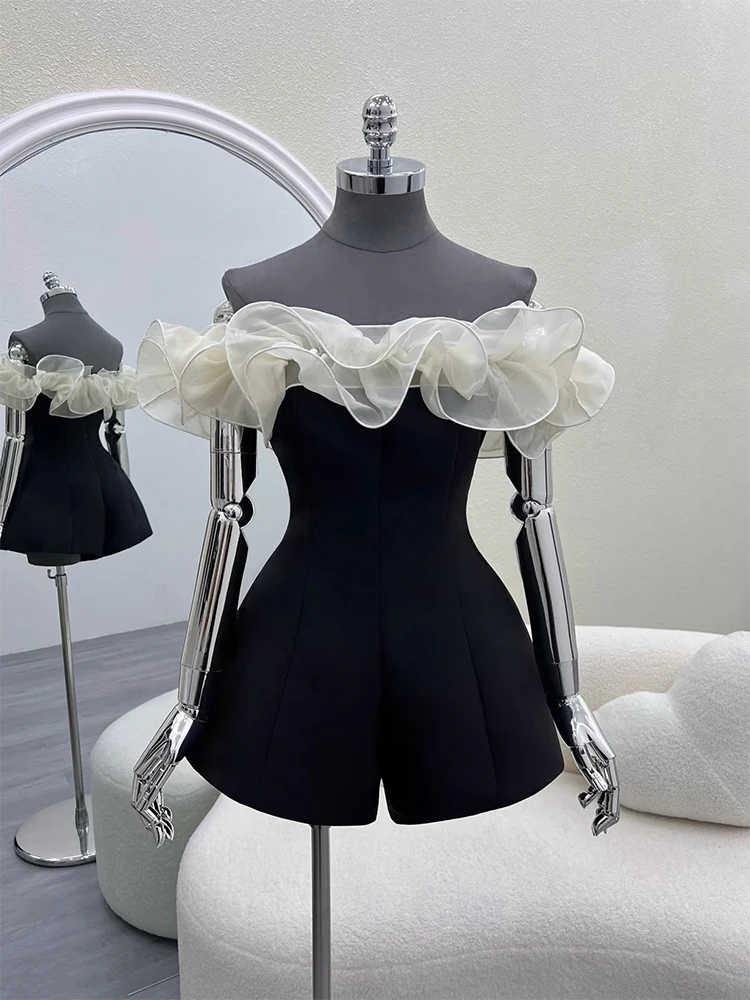 

Elegant Off-Shoulder Ruffle Hem Jumpsuit Women's Fashion Slimming High Waist Wide Leg Pants Simple Style Short Commute