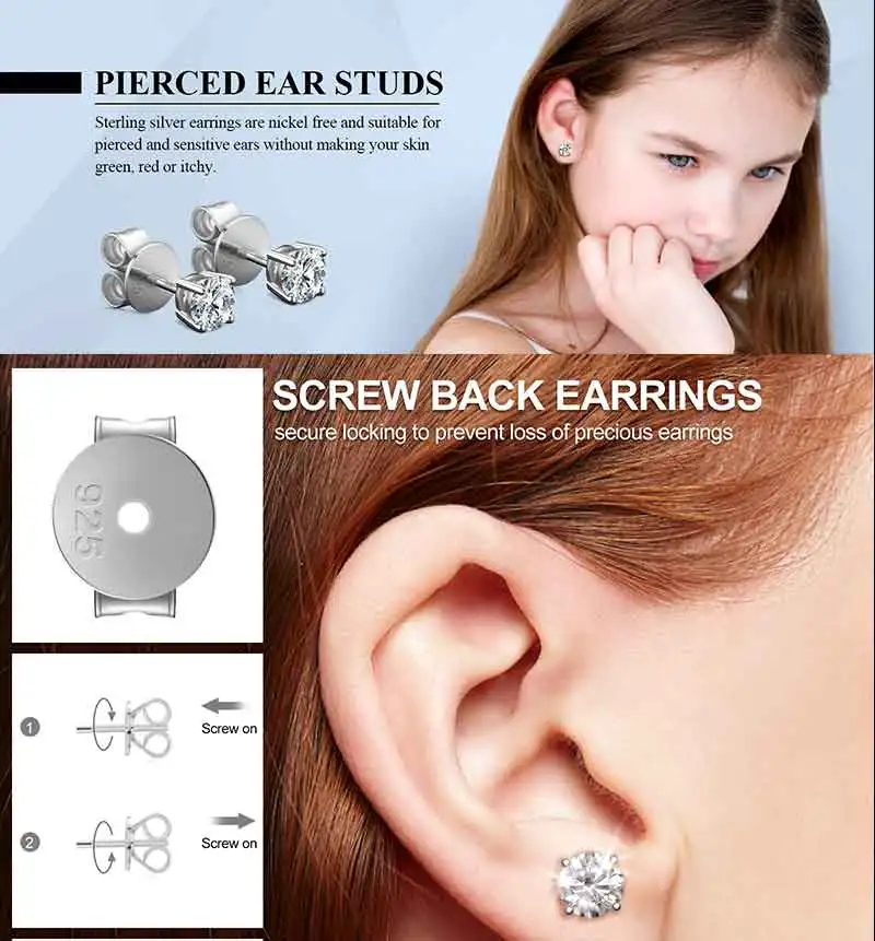 TUHE Real 0.5CT-4CT D Color Moissanite Stud Earrings 925 Silver Women Top Quality 100% Sterling Silver Earrings Wedding Jewelry