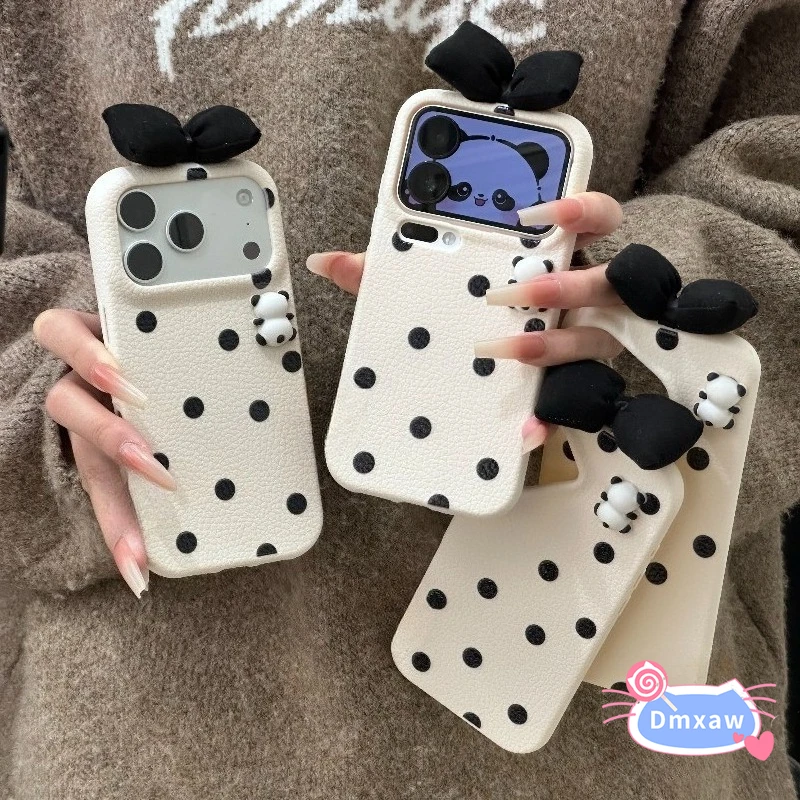 

Cute Panda Phone Case For Vivo Y500 Pro Y300 Y200 Pro 100 Plus GT 5G 4G Cartoon Polka Dot Bow PU Leather Soft Cover