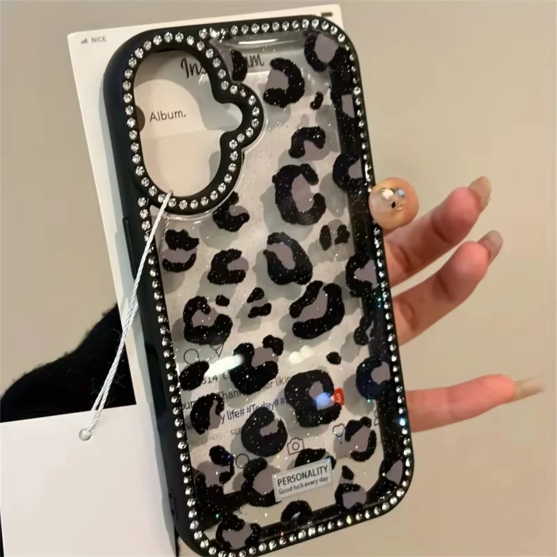 Pink Black Leopard Print Diamond Inlaid Frame Plain Case for