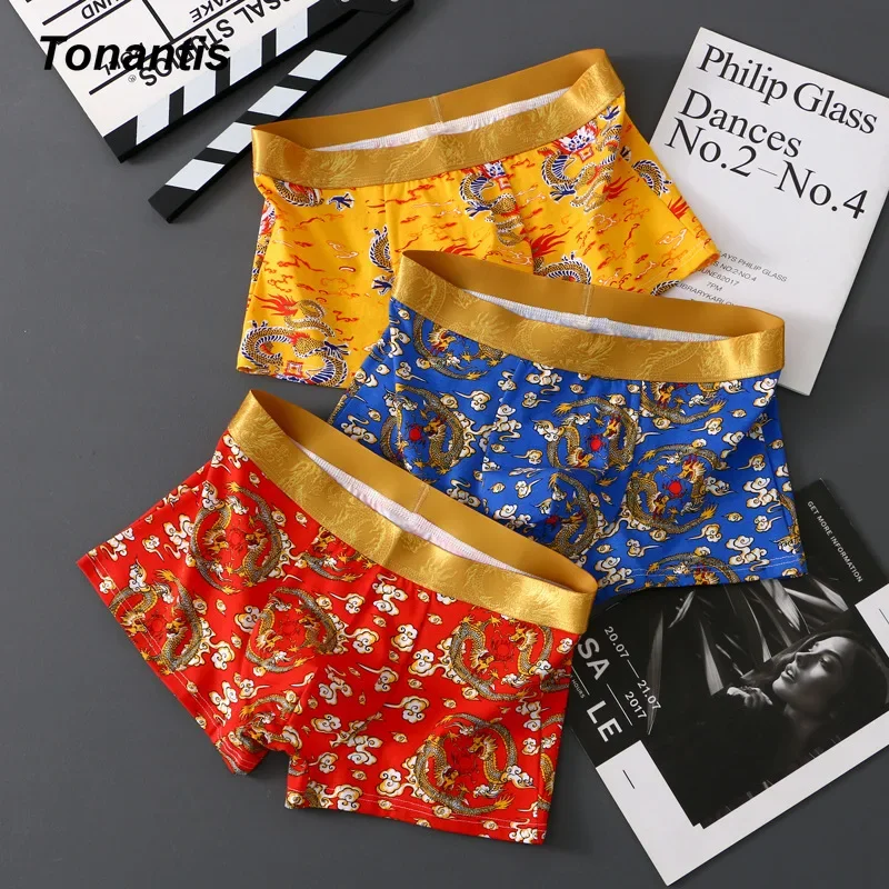 3Pcs/Set Dragon Boxer Men\'s Panties Underpants Cotton Male Comfortable Breathable Man Boxershorts Sexy Underwear For Men M-4XL