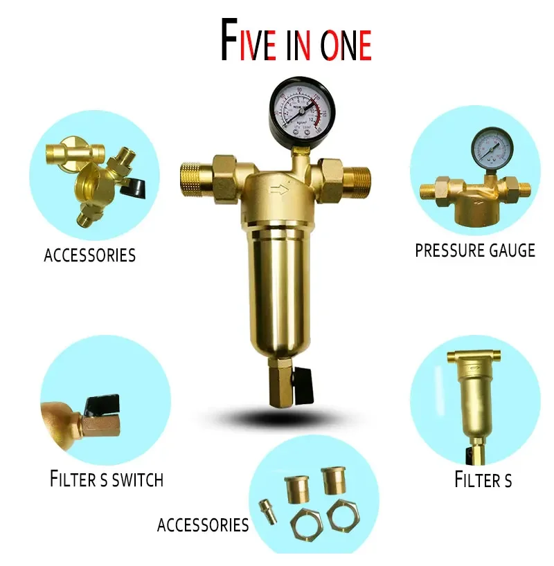 浄水器システム,前ろ過,純真鍮ボディ,ステンレス鋼メッシュ,ゲージ付き,0.5/0.75/1インチ,送料無料