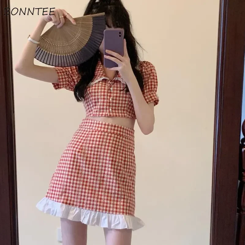 

2 Pcs Sets Women Plaid Preppy Style Kawaii Age-reducing New Summer Shirts Mini Skirts Korean Version Hotsweet Casual Graceful