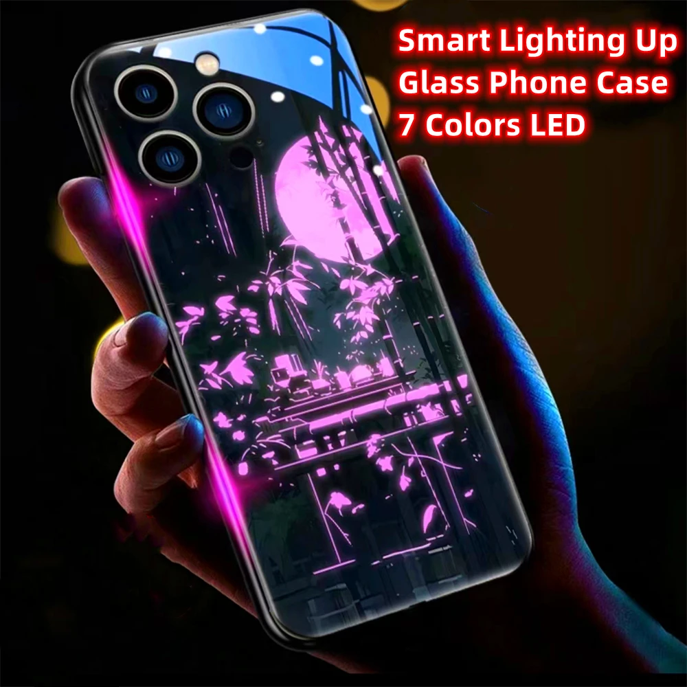 

So Pretty Moon Forest Bamboo Smart LED Light Glowing Glass Phone Case For Samsung S25 S24 S23 S22 S21 S20 FE Note 20 Plus Ultra