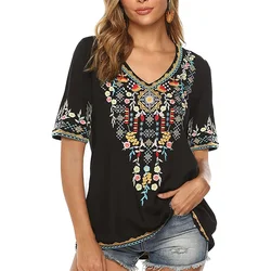 Eaeovni Mexican Boho Embroidered Tops for Women Bohemian Peasant Style Shirts Summer Short Sleeve Tunic Blouses Clothing