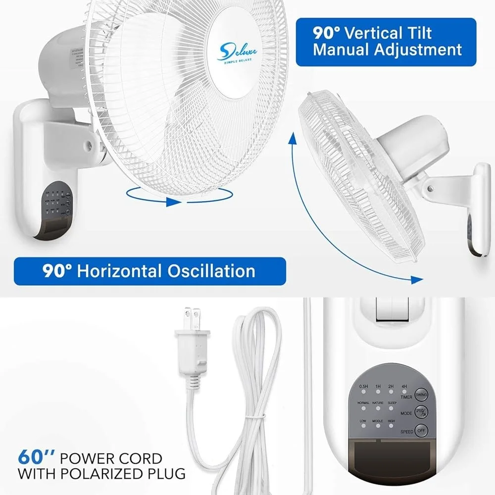مروحة متأرجحة مثبتة على الحائط مقاس 16 بوصة، مروحة كهربائية بثلاث سرعات، تدفق هواء ديناميكي، توفير المساحة، حل تبريد هادئ للمكتب المنزلي