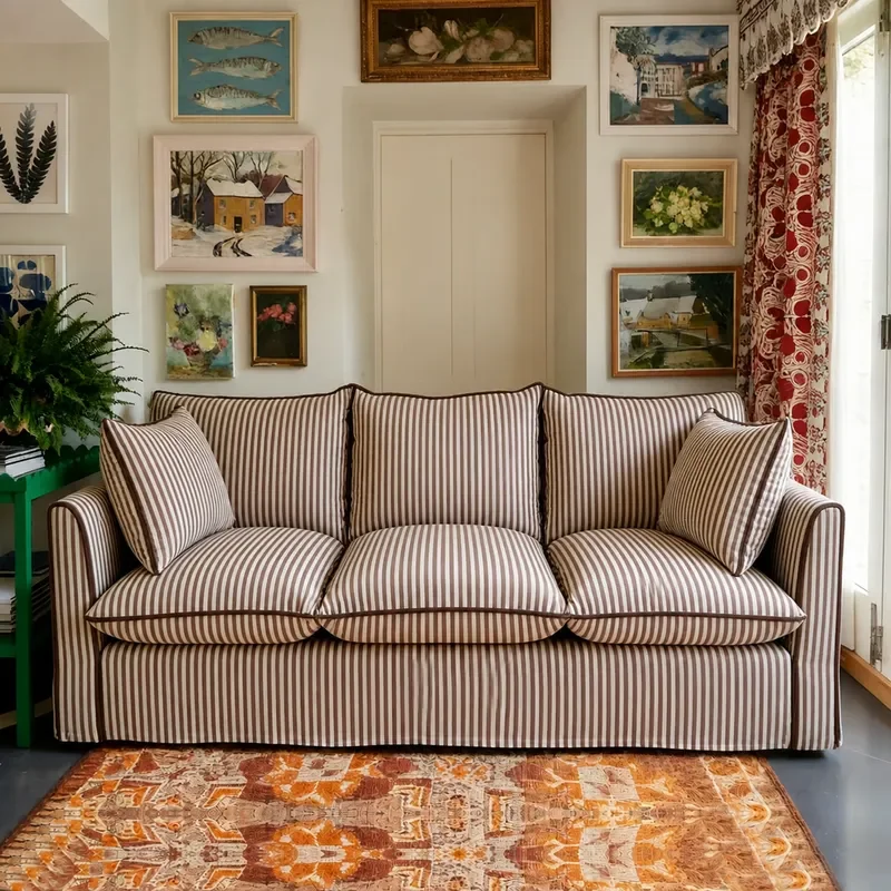 Retro Chocolate Solid Wood Three Seater Sofa Straight Row Striped Fabric Couch Living Room Furniture