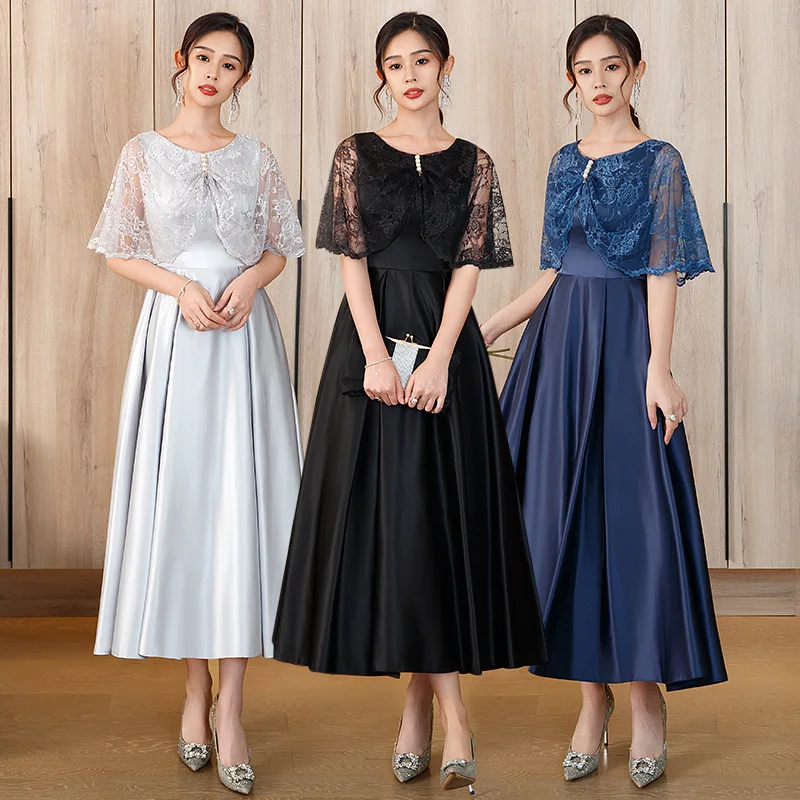 

Elegant Satin Mother Of The Bride Dresses Plus Size Navy Blue Mother Dress With Lace Shawl