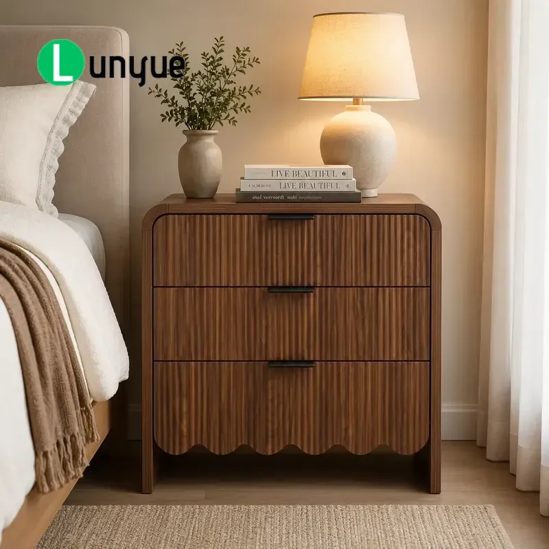 3 Drawer Wavy Groove Bedside Table Curved Edge Nightstand Storage Locker for Bedroom Apartment Modern Home Furniture Decor