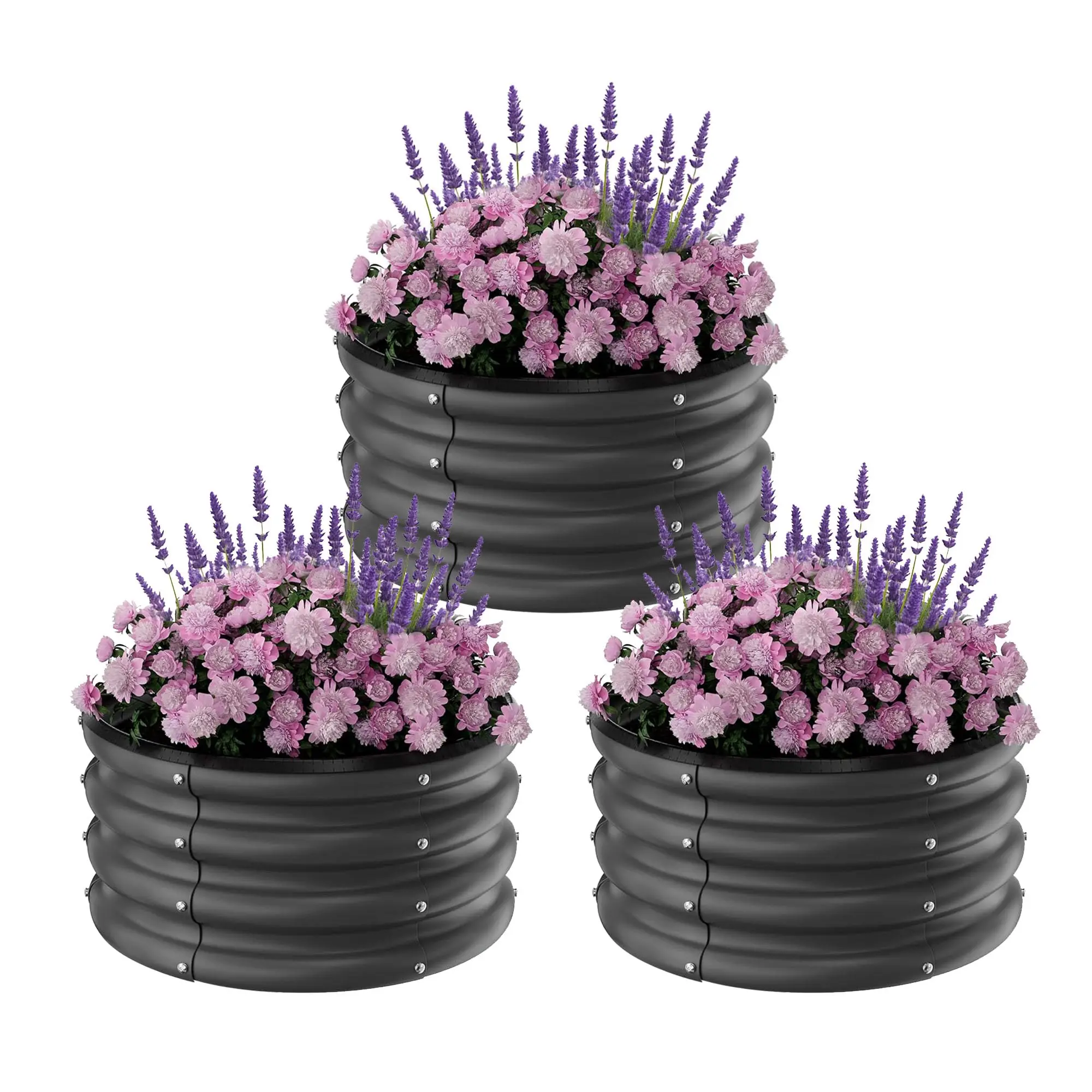 

Galvanized Raised Garden Beds Outdoor, 3 Round Metal Planters (2x2x1Ft), Heavy Duty Flower Herb Vegetable Boxes, Open-Bottom