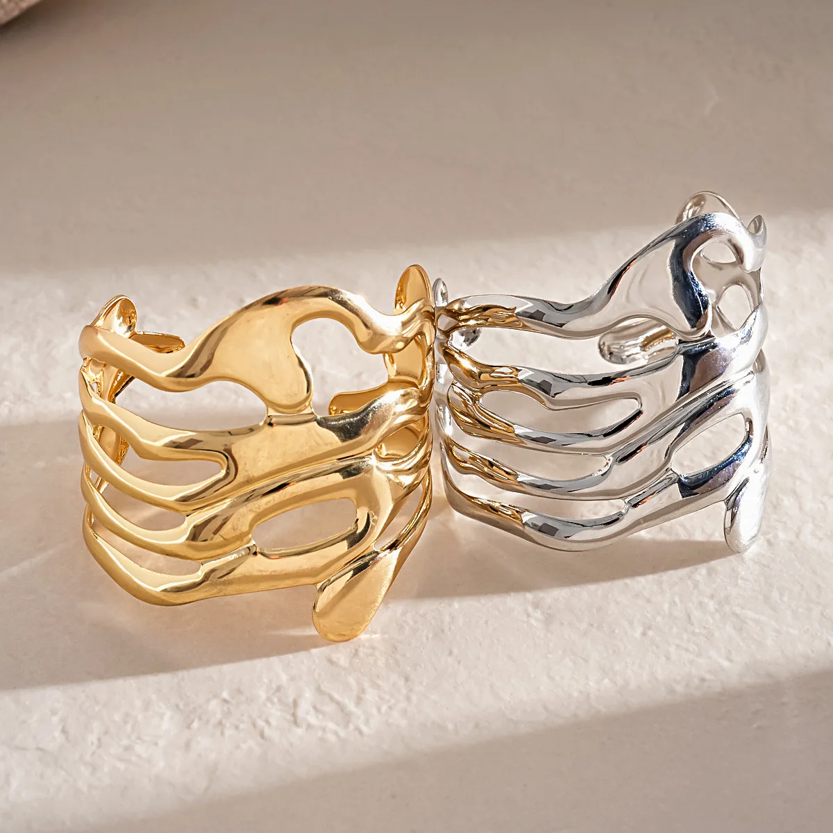 Abstract Irregular Hollow Out Wide Cuff Bracelet Women Men Polished Metal Open Bangles Daily Club Statement Fashion Jewelry K