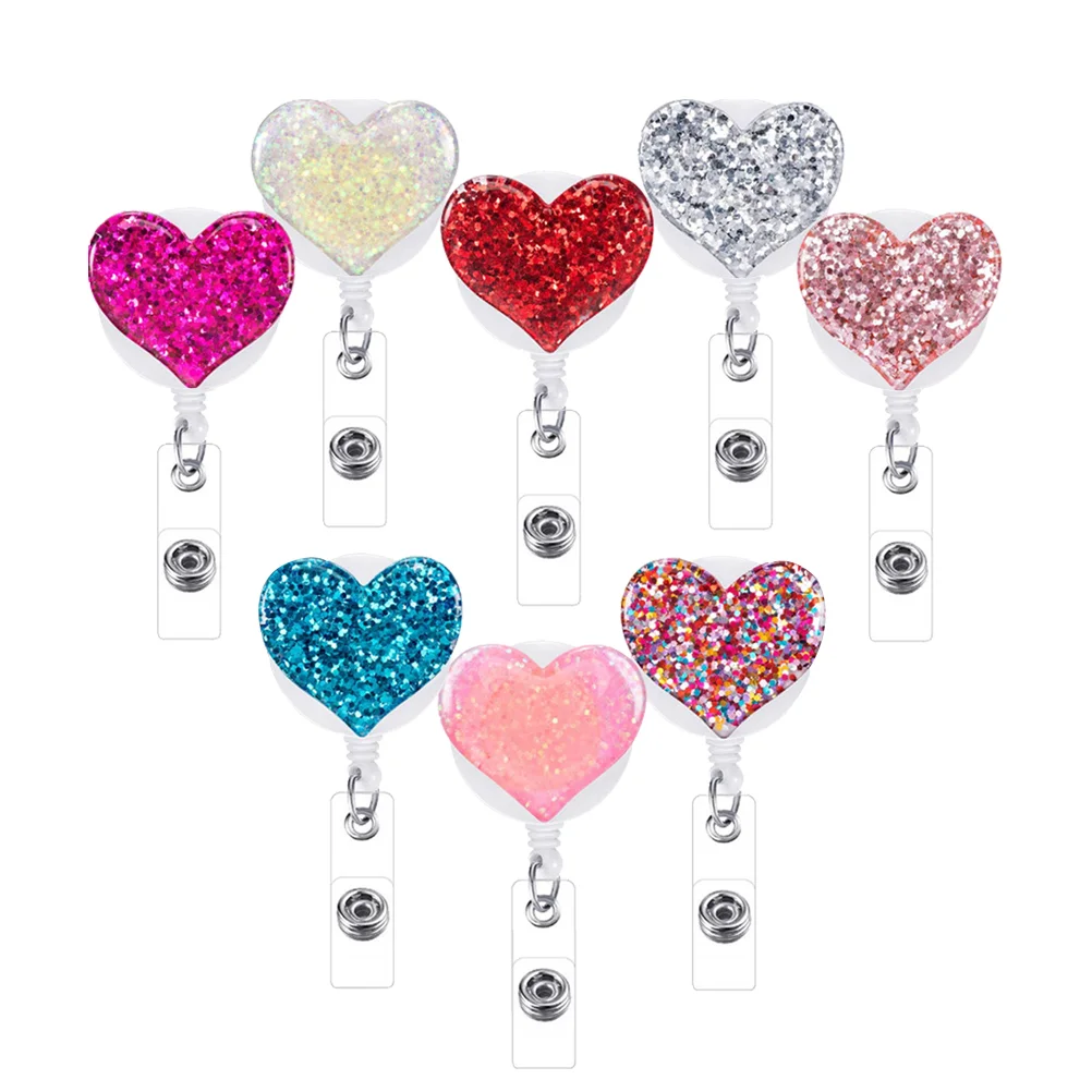 8Pcs Color Crystal Nurse Badge Holder Pink Blue Purple Rhinestone Heart Shape Nurses Retractable ID Badge Reel Clips(Mixed)