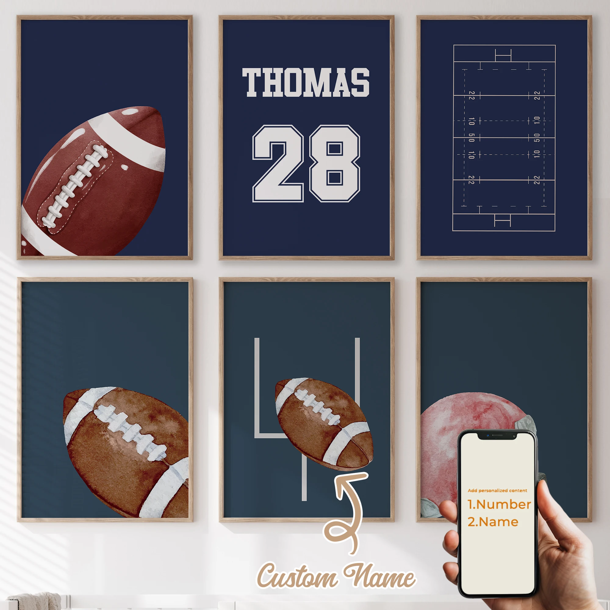 

3pcs/6pcs Personalized custom name cute cartoon Rugby Wall Art Print Picture For Living Room Kids Boy Room Home Decor Gift