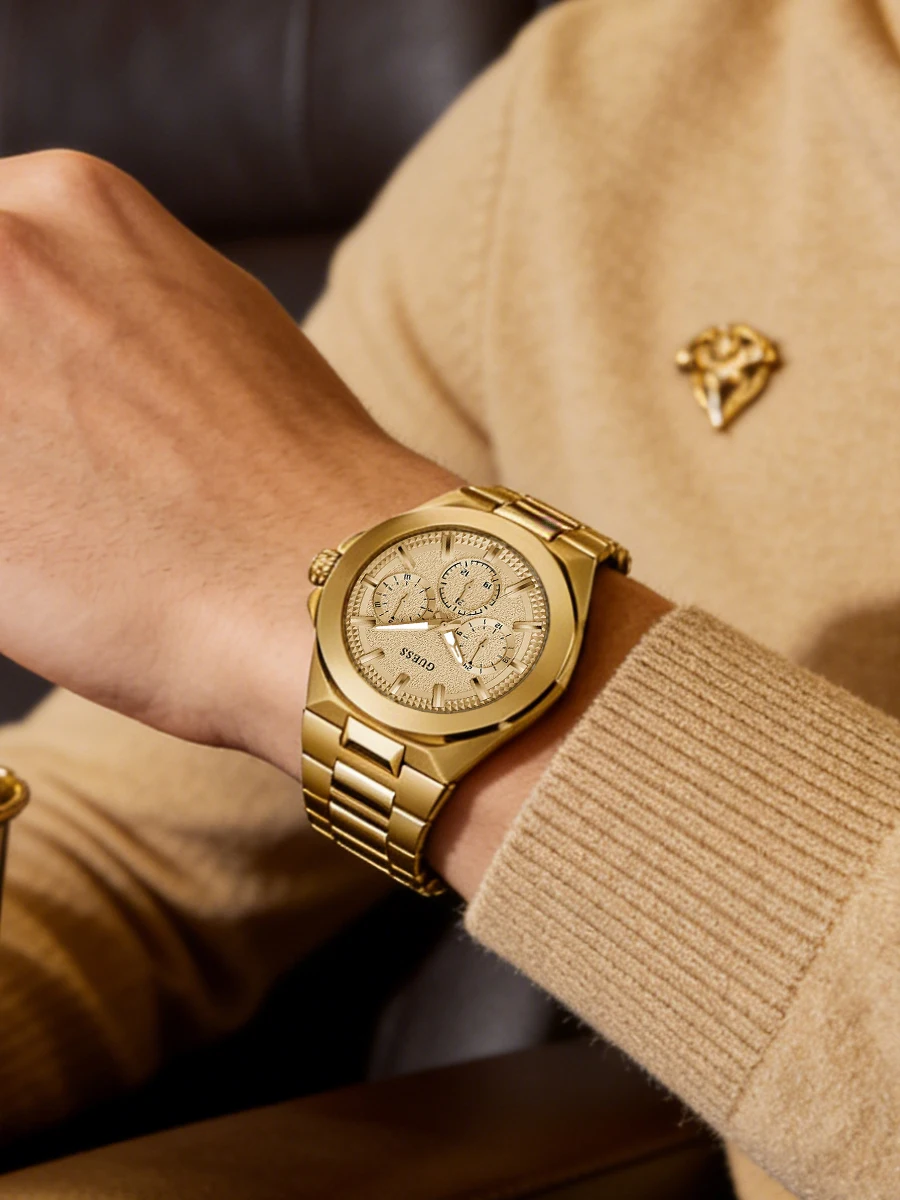 Reloj GUESS para Hombre de Acero Inoxidable Dorado, Multifunción, Cronógrafo de Lujo, Octagonal, Relojes Hombre, Moda, Cuarzo, Regalo para Negocios y Fiestas