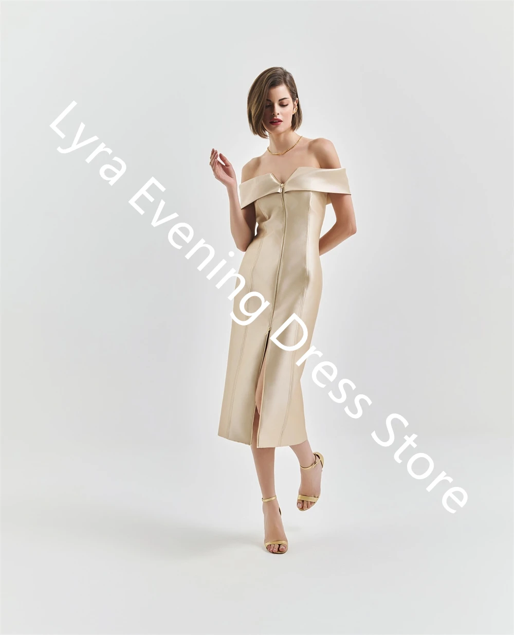 تخصيص مزاجه الشمبانيا الساتان مساء اللباس قارب الرقبة قبالة الكتف أكمام فساتين المشاهير مثير فستان الحفلة الراقصة