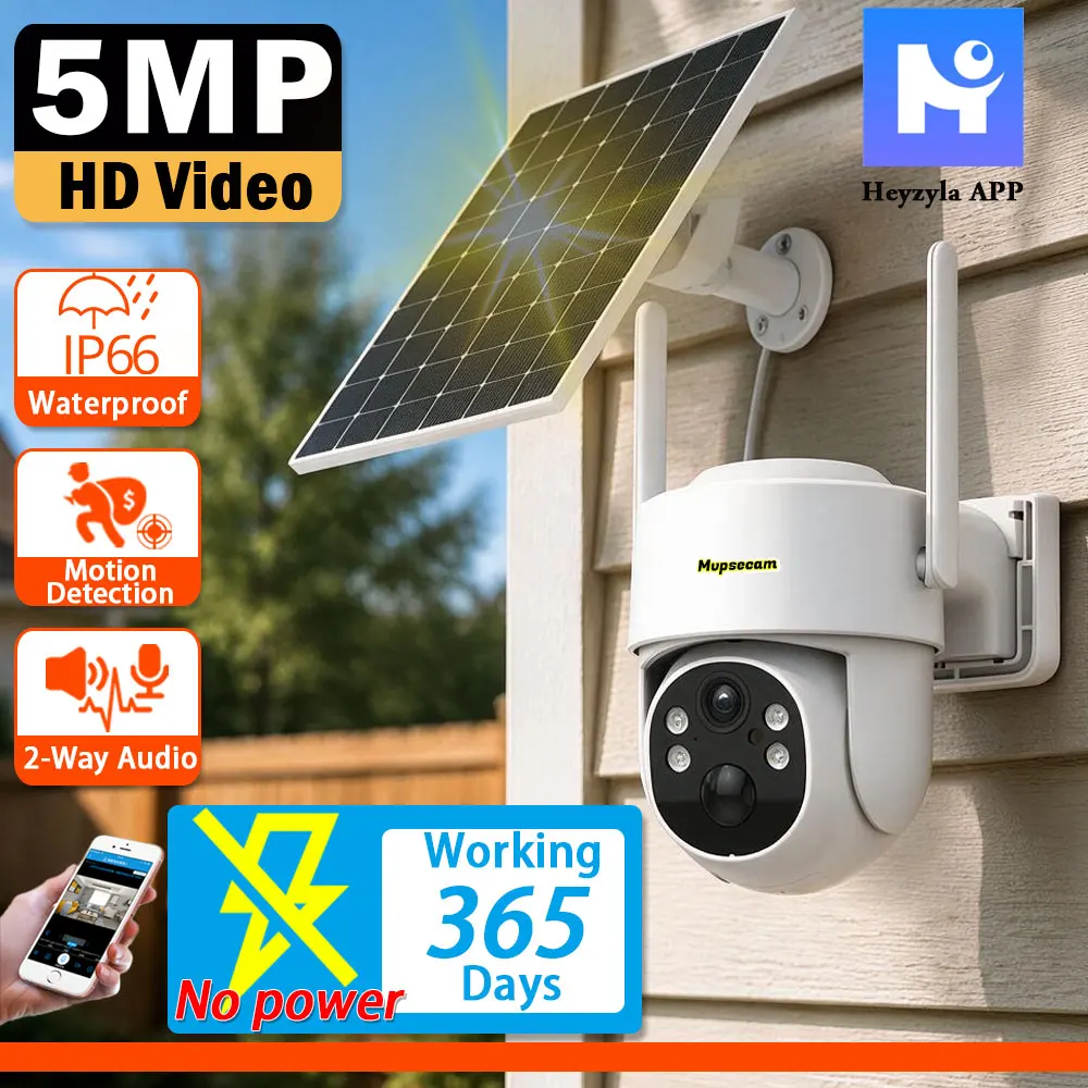 5MP Solar CameraOutdoor Use with 2 Way Audio Rechargeable Battery PIR Human Detection PTZ Wireless WiFi Full Color Night Vision