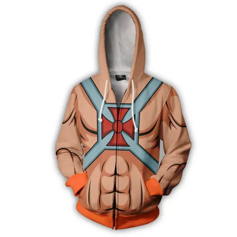 Costume de Cosxie He-Man avec fermeture éclair, sweat-shirt imprimé 3D, sweat à capuche de dessin animé, veste de mode, prix des tiques