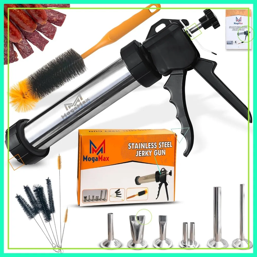 

Large Capacity Professional Beef Jerky Gun Kit with 6 Nozzles and 7 Brushes, Stainless Steel Meat Maker for Sausage and Deer