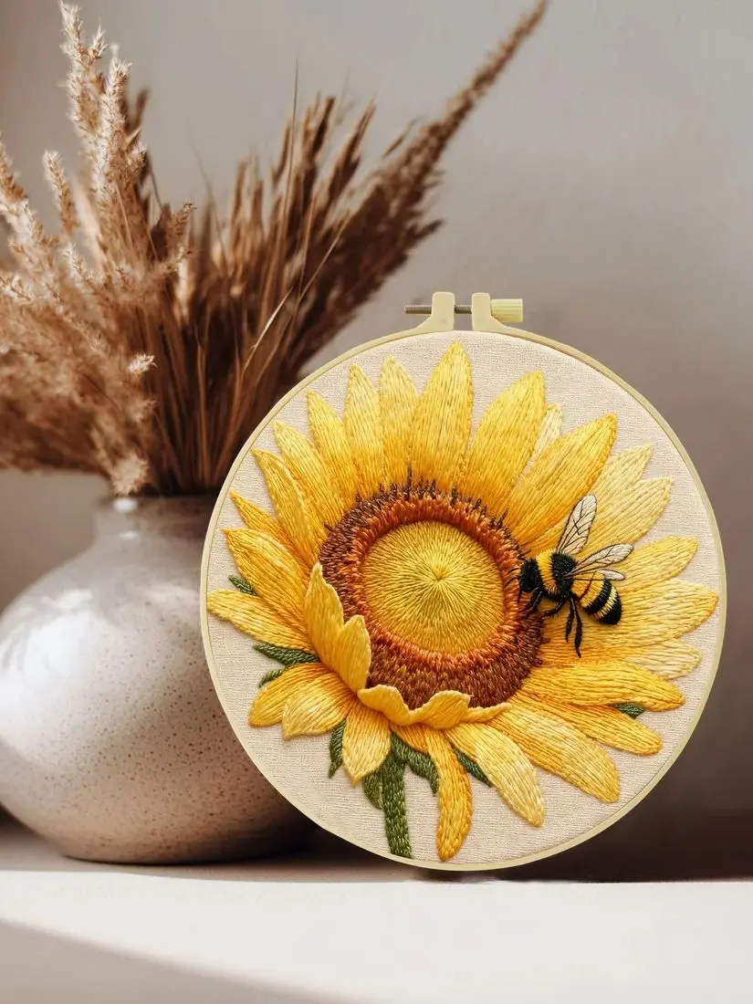 1 Stück 20X20CM/15X15CM Sonnenblumen und Honig Stickerei Starter-Kit DIY Kreuzstich Nähkunst als Geschenk – Detail 1