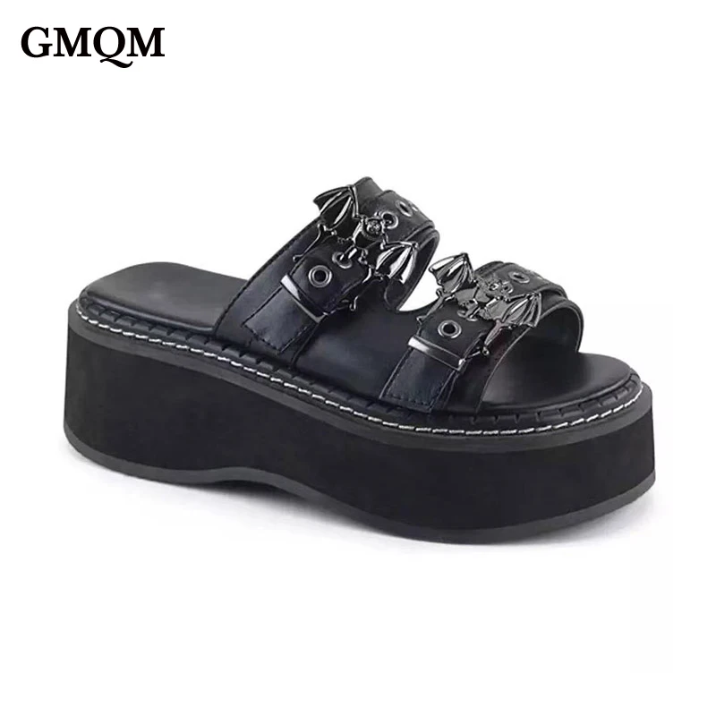 

GMQM Platform Fashion Summer Slippers Women's Round Head Rivet Sandals Thick Sole Peep Toe Outdoor Comfortable Shoes Punk Style
