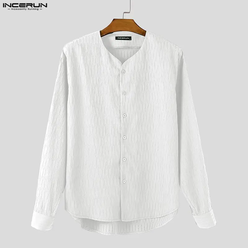 INCERUN الرجال قميص بلون الخامس الرقبة طويلة الأكمام زر ملابس الرجال غير رسمية فضفاضة الشارع الشهير موضة الترفيه القمم الذكور القمصان #1