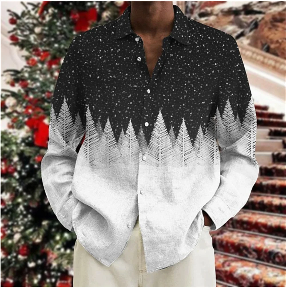 Long sleeved men's Hawaiian beach social high-end men's shirt 3D printed shirt Christmas snow 2024 shirt fashion