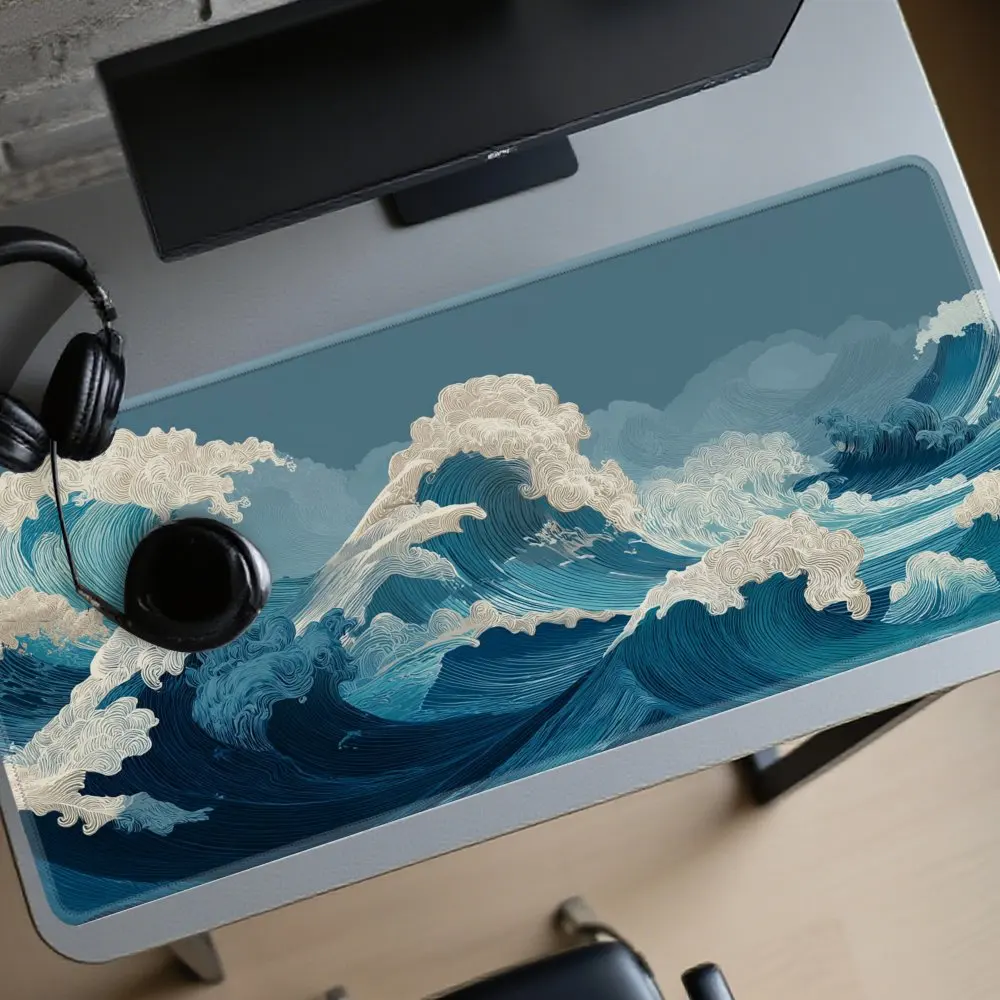 

XXL Large Size - Tsunami Wave Gaming Table Mat - Non-Slip Rubber Base & Washable Surface, Wave Pattern PC Computer Mouse Mat