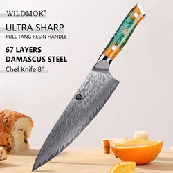 WILDMOK Damascus Chef Knife, 8 inch Japanese chef's knives, Resin Handle kitchen knife, sharp knives kitchen Cooking Knife