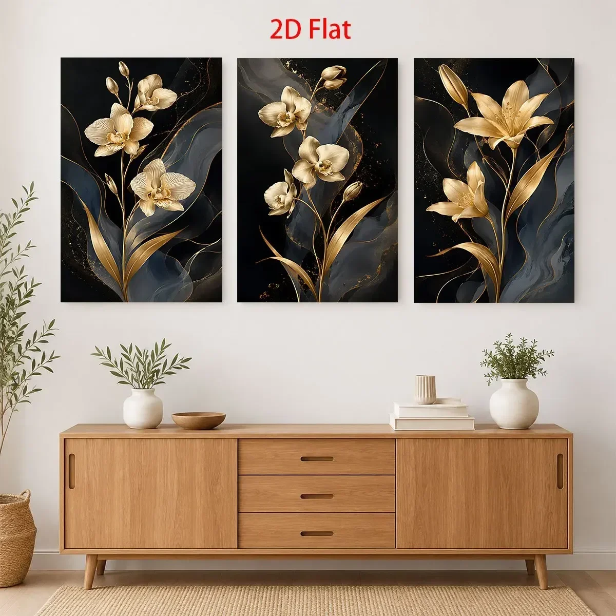 3 Pieces 2D Flat- Three panels with golden flowers on dark blue and black backgrounds Themed Canvas Wall Art, Waterproof Canv