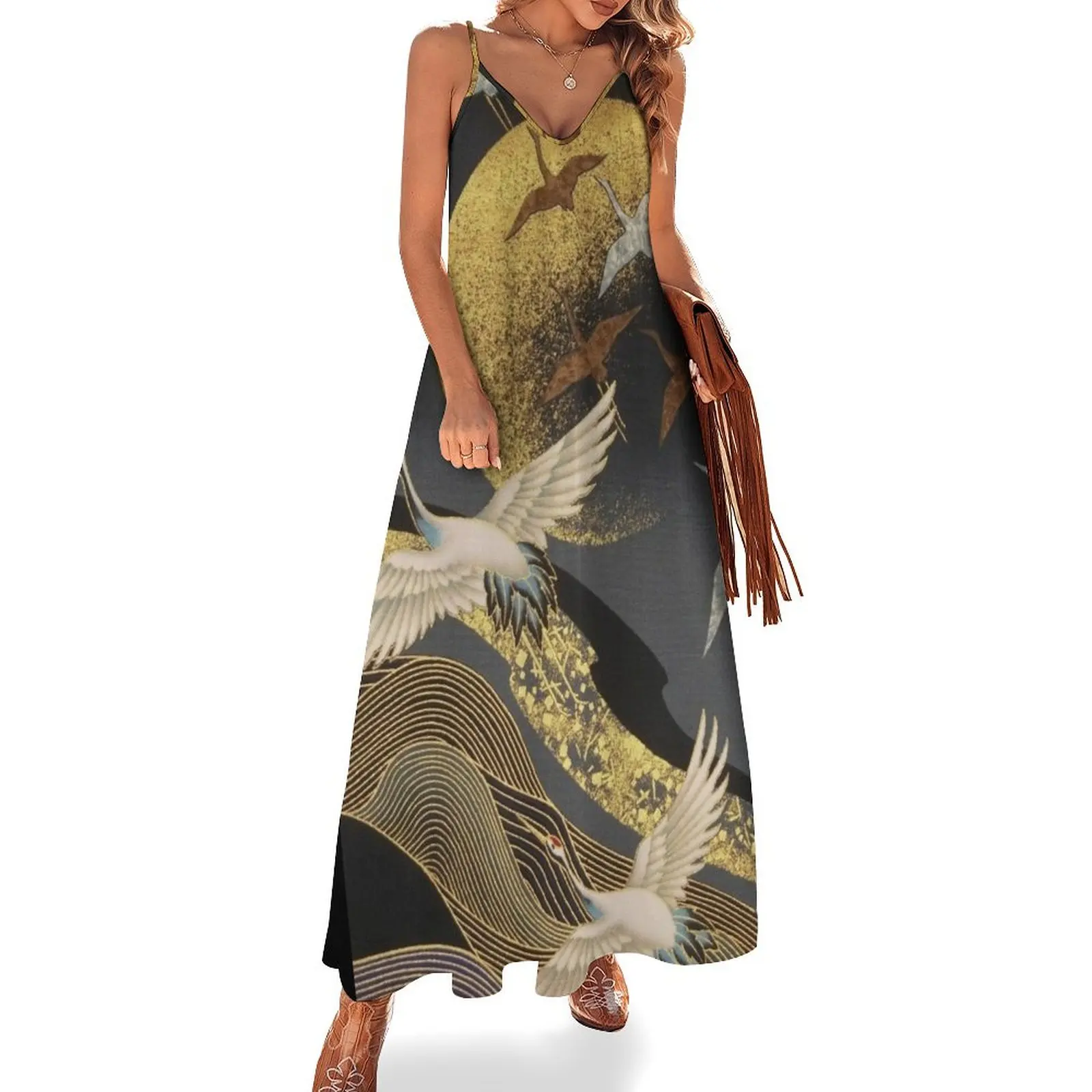 

Japanese Cranes flight to golden moon Sleeveless Dress purple dress summer dresses Dress