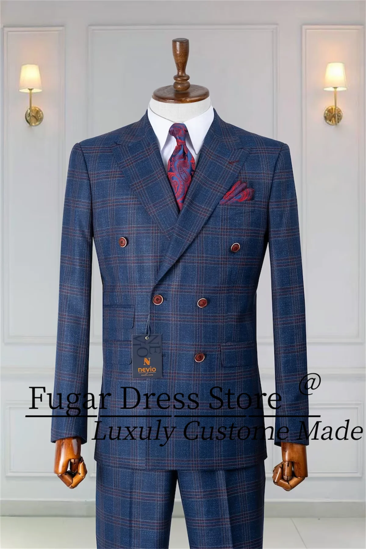 2025 Business Plaid Prom Suits For Men Slim Fit Double Breasted Groom Party Tuxeos 2 Pcs Sets Classic Male Blazers Costume Homme