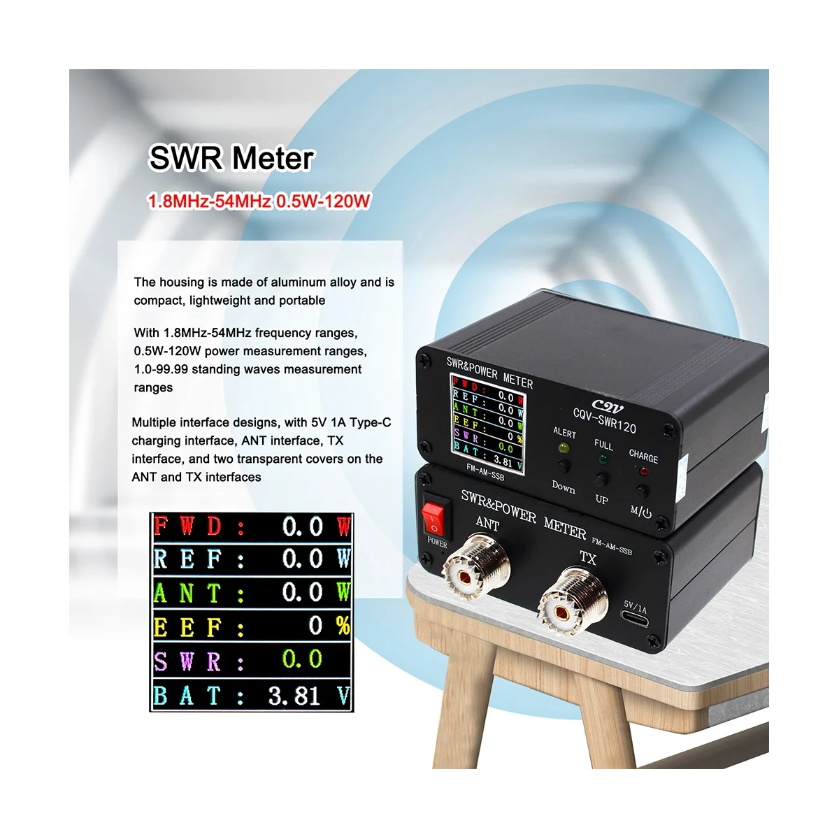 CQV-SWR120 120 واط SWR السلطة الدائمة موجة متر ، وظيفة إنذار عالية ، 240x240 عرض كامل اللون ، FM-AM-SSB